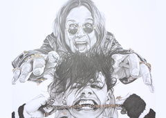 In this striking graphite portrait, Dean Coldham captures a raw and electrifying exchange between rock legend Ozzy Osbourne and genre-defying provocateur YUNGBLUD. Rendered in meticulous monochrome detail with subtle gold embellishments, the composition pulses with theatrical intensity. Ozzy looms above, mouth open in a feral scream, fingers outstretched in a gesture that feels both commanding and celebratory. Below, YUNGBLUD bites down on a chain, his expression defiant and charged with youthful rebellion. The interplay of textures—flowing hair, gleaming metal, weathered skin—heightens the drama, while the restrained palette amplifies the emotional force. Coldham’s use of graphite creates a timeless quality, bridging generations of rock attitude in a single explosive moment. This piece is a powerful visual dialogue between legacy and evolution—darkness meeting disruption, icon meeting insurgent.