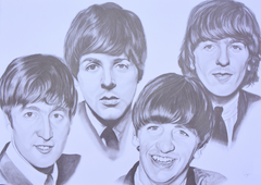 A graphite portrait honouring The Beatles, the groundbreaking group whose creativity and influence reshaped modern music. Rising from the Merseybeat scene in Liverpool, they evolved into cultural icons, blending harmony, experimentation, and unforgettable melodies — a legacy that remains unmatched in the history of popular music.