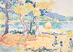 In Pines on the Coastline, Henri-Edmond Cross depicts the Mediterranean shore as a vibrant harmony of colour and light. Tall, stylised pine trees frame the scene, their forms broken into luminous strokes that contrast with the intense blues of the sea and sky. Rather than modelling depth through shadow, Cross constructs the landscape through carefully balanced colour relationships, giving the painting a radiant, almost musical quality. Painted in oil on canvas around 1896–1897, this work marks an important moment in Cross’s development toward a more expressive Neo-Impressionist style. The bold palette and simplified forms move beyond strict pointillism, anticipating the freedom of later modern movements. Pines on the Coastline is both sun-drenched and contemplative—a celebration of the southern French landscape transformed through colour.